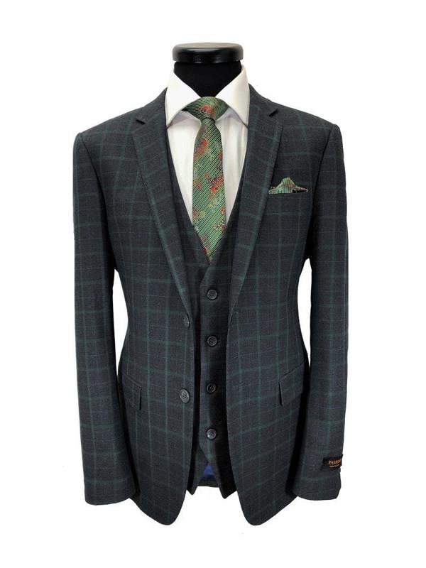 Grey & Green Check 2 Button 3-piece Suit - Pamoni