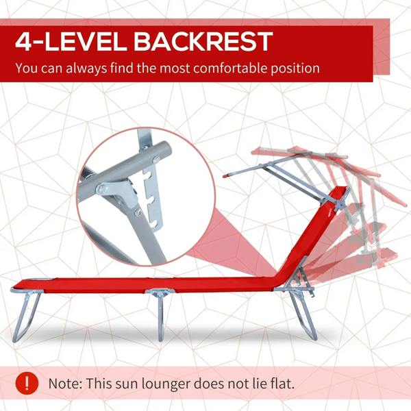 Red reclining sun lounger with adjustable backrest hardware on silver steel frame