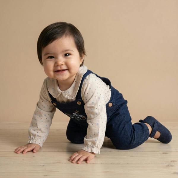 Mini Cuddles Baby Girls Floral Print Top and Embroidered Dungaree Set, Beige and Dark Blue