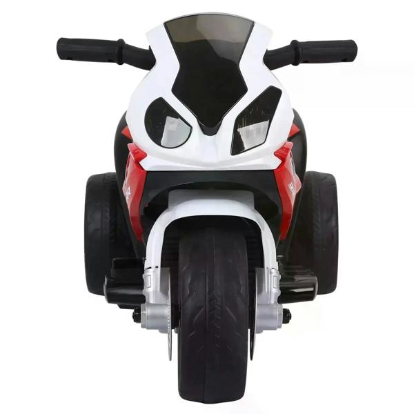 Kids ride-on motorbike rear view with white and red body, black fenders and tires