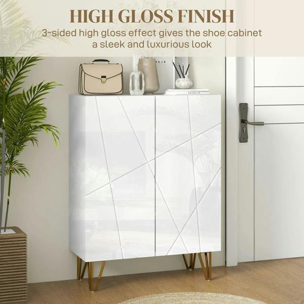 High gloss white shoe storage cabinet with two doors and angled gold legs