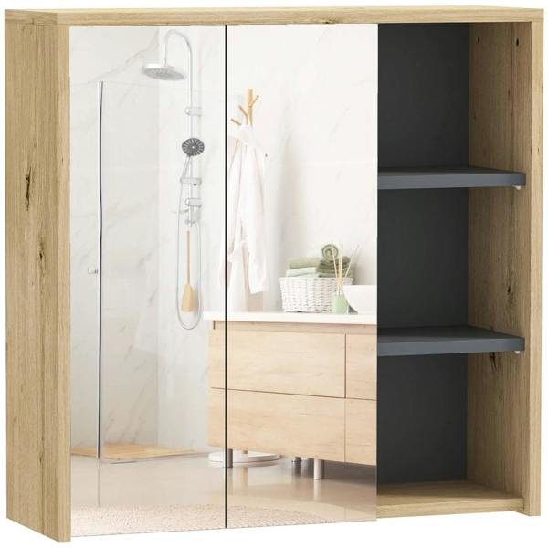 Wood-effect mirrored bathroom cabinet with five shelves and mirrored doors