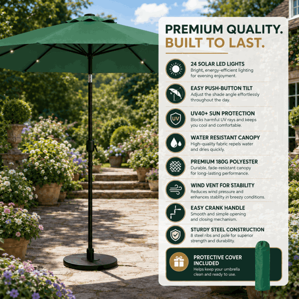 GlamHaus Garden Parasol Solar LED 2.7M ,Tilting Table Umbrella with Crank Handle, Protection UV40, Includes Parasol Cover- Green