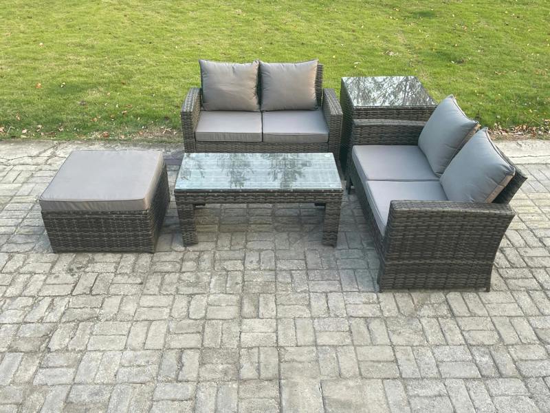 Fimous 5 Pieces Garden Set, Poly Rattan Outdoor Patio Furniture, PE Wicker, Big Footstool, Loveseat and Table, Dark Grey Mixed