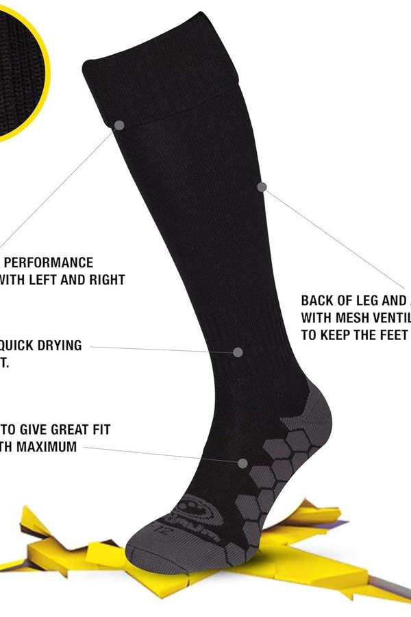 Black Classico sock feature graphic with labelled performance, quick-drying and mesh callouts - Optimum