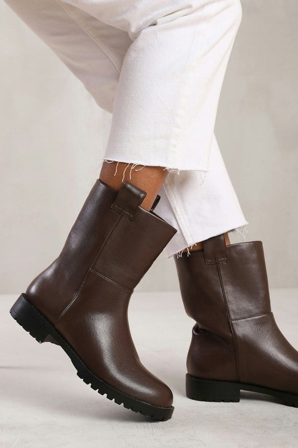 Where's That From Delta Wide Fit Mid Calf Boot With Stitching Detail in Dark Brown Grain Faux Leather