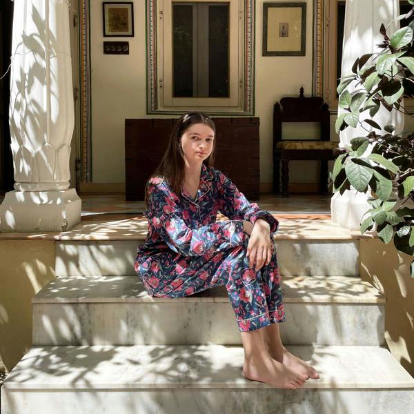 Hayley & Co Navy and Pink Block Print Floral 100% Cotton Long Pyjama Set