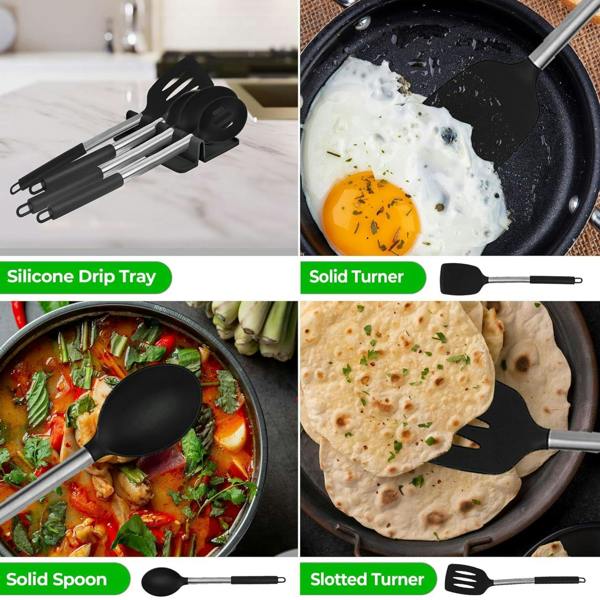 Top 3 8 Piece Silicone Kitchen Utensil Set with Storage Bucket Black