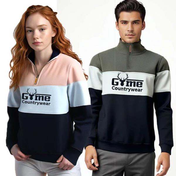 Models wearing Game unisex quarter zip pullover sweatshirt ideal for everyday wear and farm work