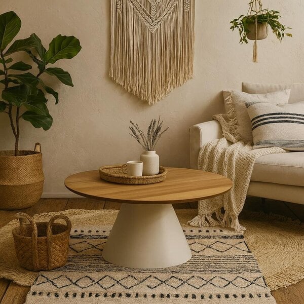 Wyld Haus Hamburg Low Round Oak Veneer Coffee Table Pillar Steel Base