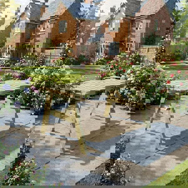 Victoria Wooden Garden Table Made From High Quality Timber, Featuring A Solid Rectangular Tabletop And Sturdy Wooden Leg Frame, Perfect As An Outdoor Dining Table.
