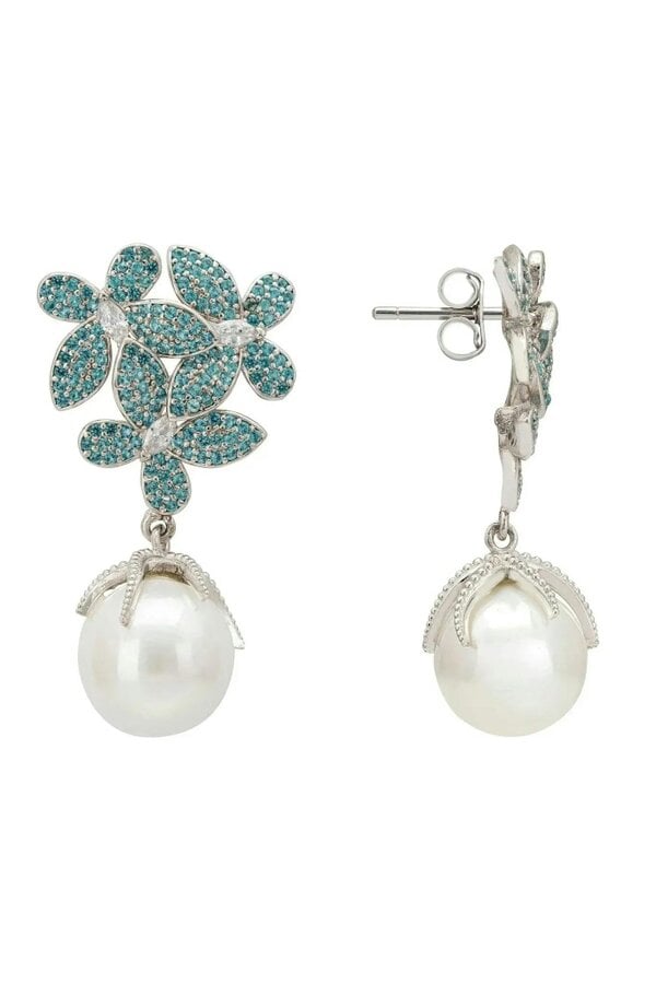Latelita Flowers Pearl Earrings Aqua Blue Silver