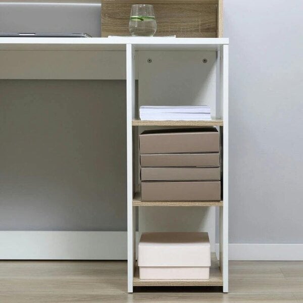 Bobobiy Computer Desk with Drawers and Storage Shelves, Office Desk Writing Table with Printer Stand, 137 x 55 x 92cm, Oak