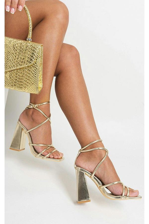 Michaela Strappy Ankle Block Heeled Sandals - Gold