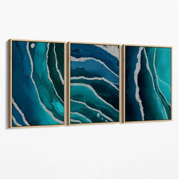 Artze Wall Art Set of 3 Teal, Navy Blue and Silver Canvas Art Prints