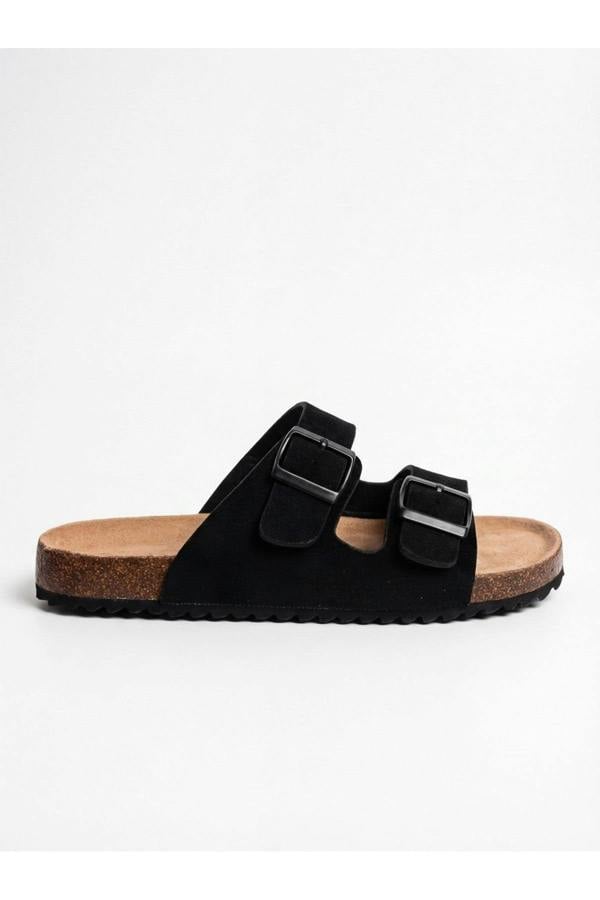 Harper Womens Double Buckle Cork Slide Sandals - JET BLACK