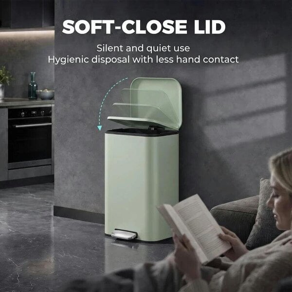 50 L Kitchen Pedal Bin, Metal Rubbish Bin with Removable Inner Bucket, Soft-Close & Stay-Open Lid, Light Green