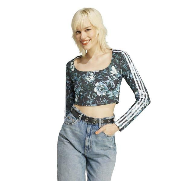 Adidas Womens/Ladies Floral Cropped Slim Long-Sleeved Blouse - Black - 