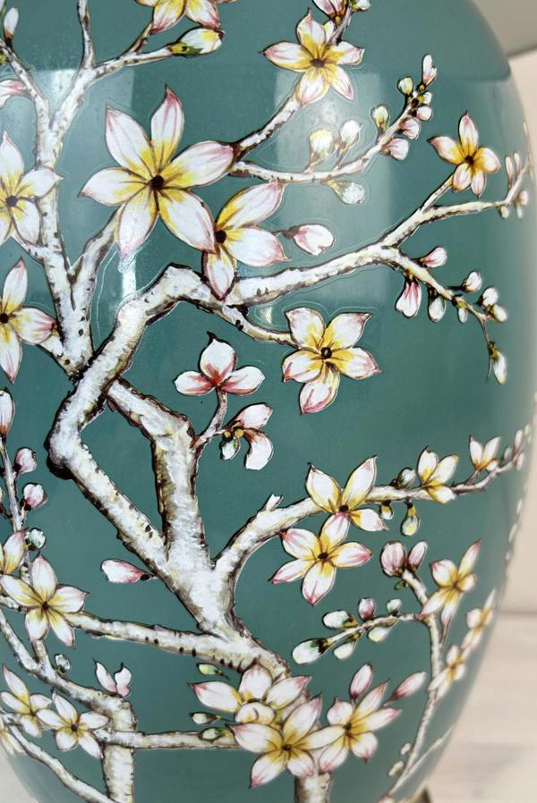 Downton Interiors Teal Green Blossom Ceramic Table Lamp with Plain Shade (G2122 Plain)