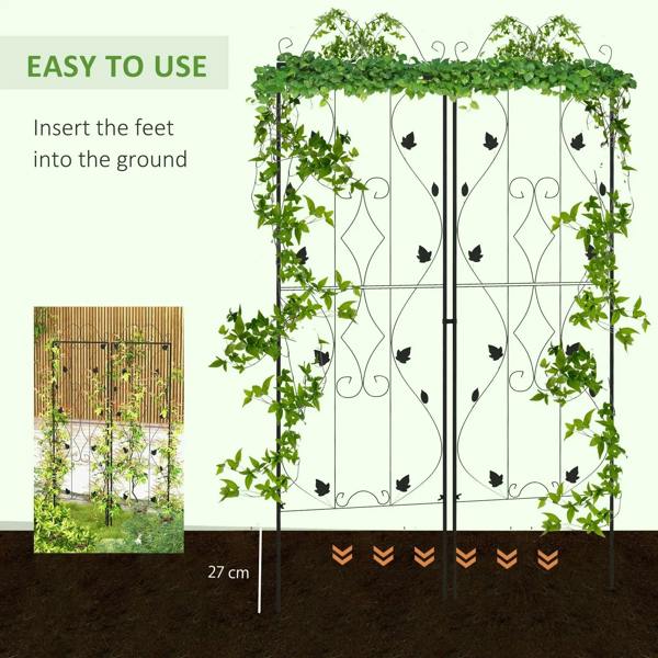 Black metal trellis set of 2 with leaf scroll design and ground stakes for support