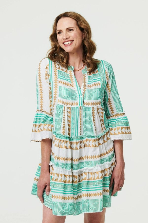 Light Green | Printed 3/4 Sleeve Tiered Mini Dress
