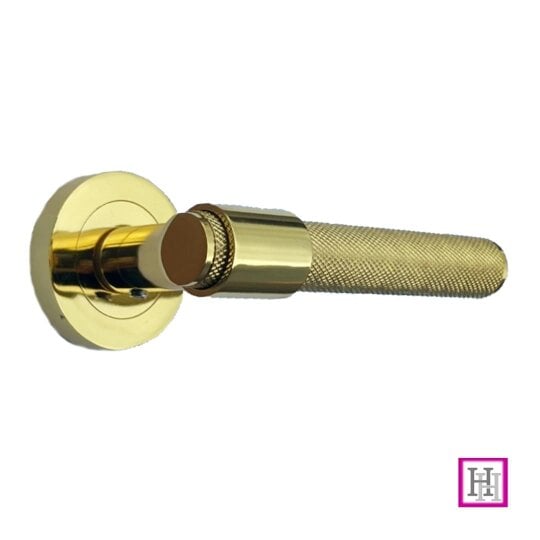 EDH Door Hardware Knurled Door Handles Polished Brass Loop & Neck On Round Rose Lach Handle
