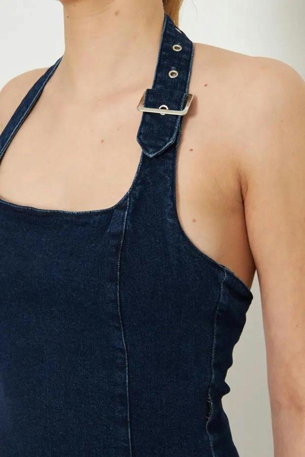 WOVCOR Halter Neck Denim Blouse with Belt Buckle Detail