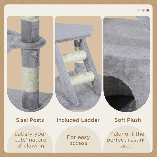 Grey cat tree details: sisal posts, included ladder, and soft plush resting area