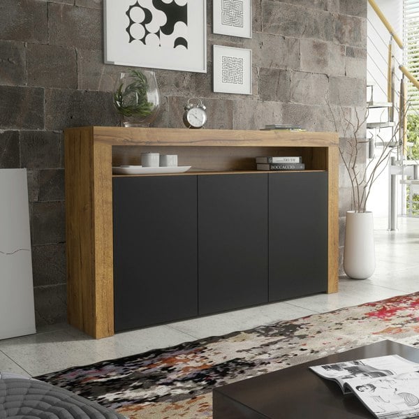 Mex Furniture Modern Sideboard 155cm – Oak Matt Body with Black Matt Doors