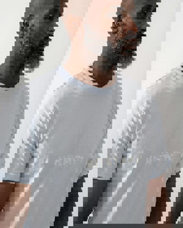 close up shot of a model wearing a Belstaff Surface Mens T-Shirt in Sky Blue