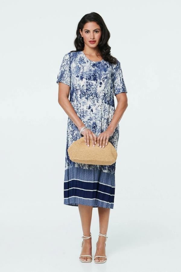 Navy | Printed Short Sleeve Pleated Midi Dress
