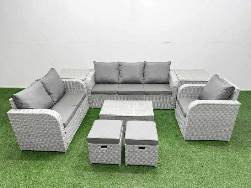 Fimous 8 Seater Patio Furniture Set, PE Wicker, Coffee Table, Reclining Chair, Loveseat, 3 Seater Sofa, Stool and 2 Side Tables, Light Grey