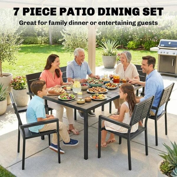 7 Pieces Outdoor Dining Set, Patio Table and Chairs for 6, Garden Dining Furniture Set with Slatted Tabletop