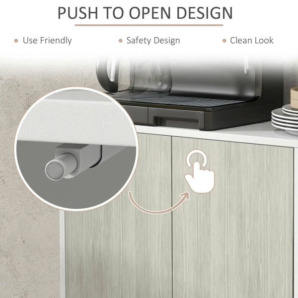 Sideboard cabinet front with push-to-open doors and circular handle cutouts