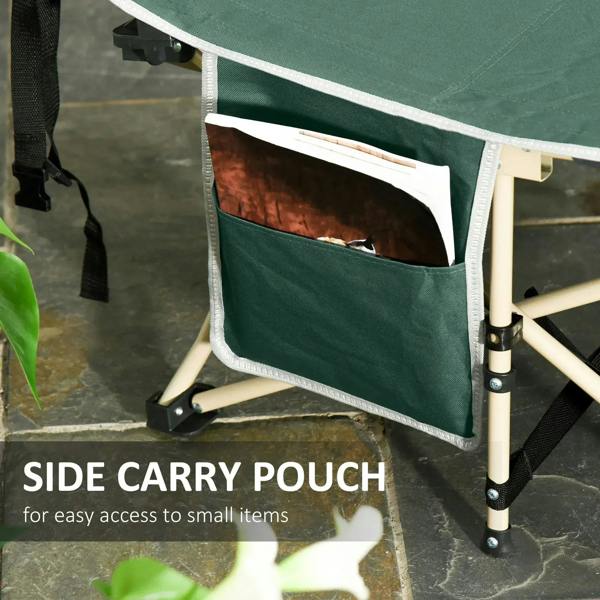 Green side carry pouch attached to folding camping cot frame