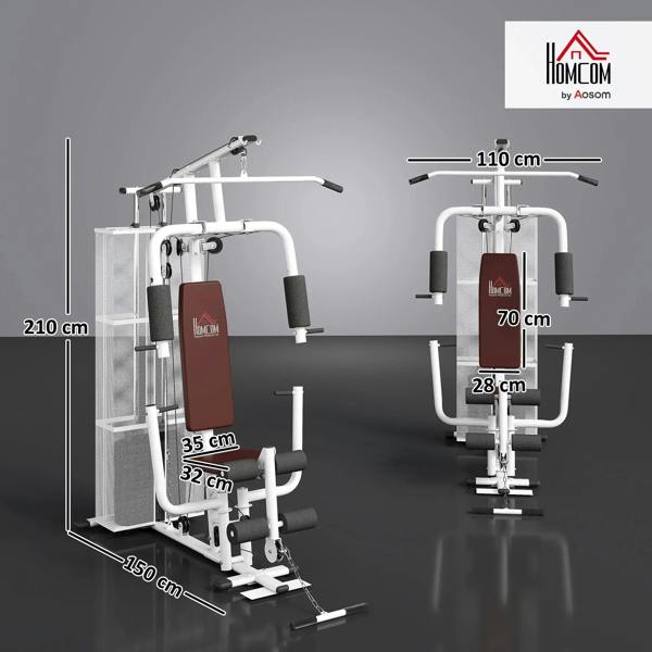 White multi-function gym station with cable system and workout frame, with height and length markers
