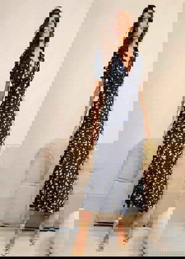 Gini London Navy Floral Lace Trim V Neck Midi Dress