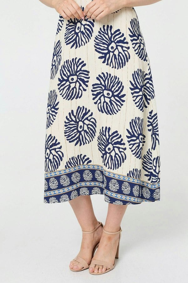 Navy | Floral Flared Sleeve Ruched Midi Dress