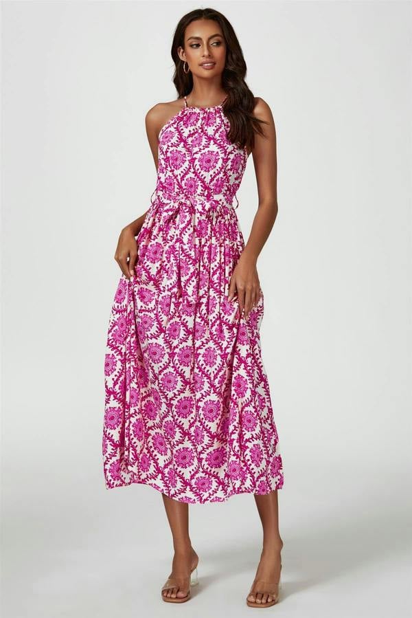 FS Collection Floral Print Tie Halterneck Maxi Dress In Pink