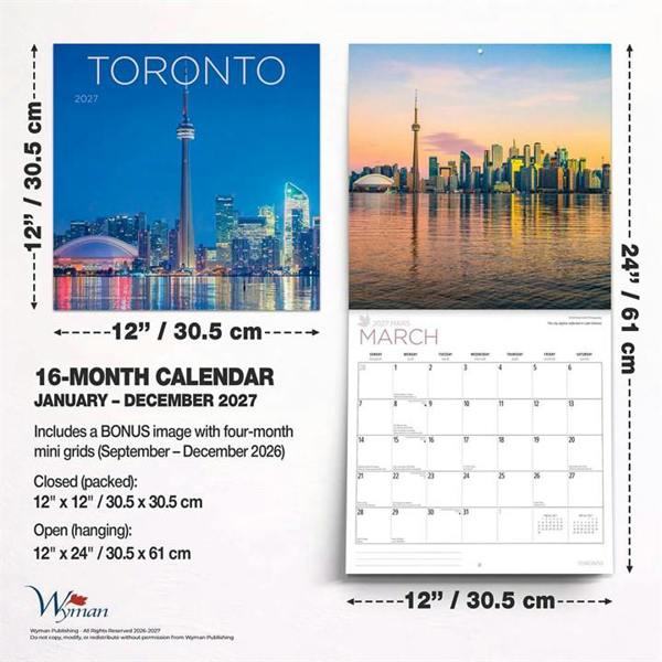 Toronto Calendar 2027, Wall Calendars, Month To View, Travel, Gift