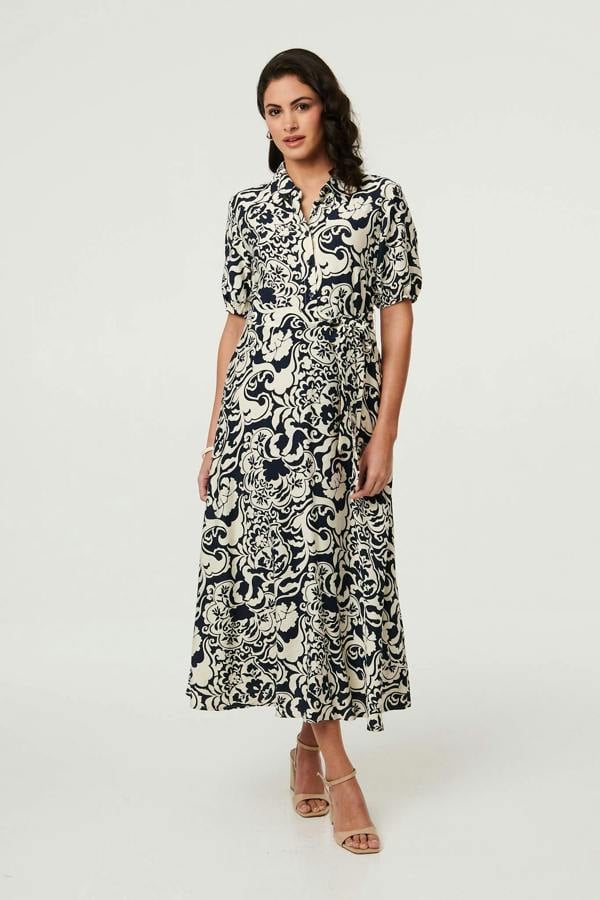 Navy | Printed 1/2 Puff Sleeve Midi Shirt Dress
