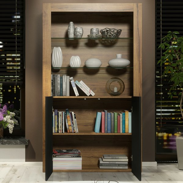Mex Furniture Tall Display Cabinet 170cm Oak Matt Body and Black Matt Doors – Modern Open Shelving Unit