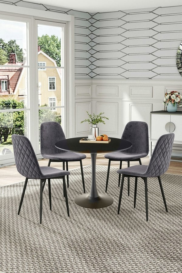 Living and Home 5-piece Set of Round Dining Table & 4 Tufted Dining Chairs Round Coffee Table Set