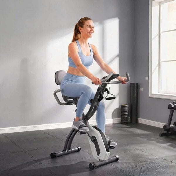 4-In-1 Folding Exercise Bike with Resistance Bands, Bluetooth App, 8-Level Magnetic Resistance, LCD Display, Grey