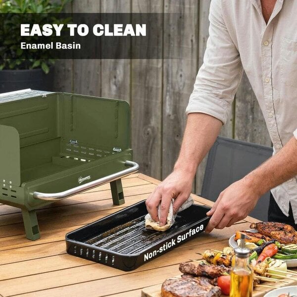 Bobobiy Portable BBQ Grill, Charcoal Barbecue Grill with Adjustable Grates, Foldable Legs, Side Shelf for Camping Travel, Green