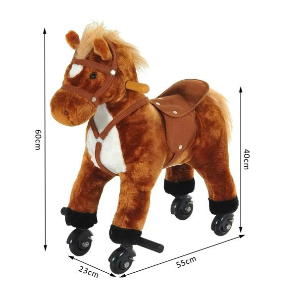 Brown plush ride-on horse toy, front angle with four rolling wheels