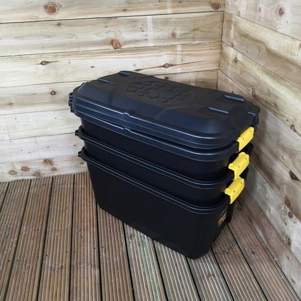 Samuel Alexander 3 x 75L Heavy Duty Trunks on Wheels Sturdy, Lockable, Stackable and Nestable Design Storage Chest with Clips in Black