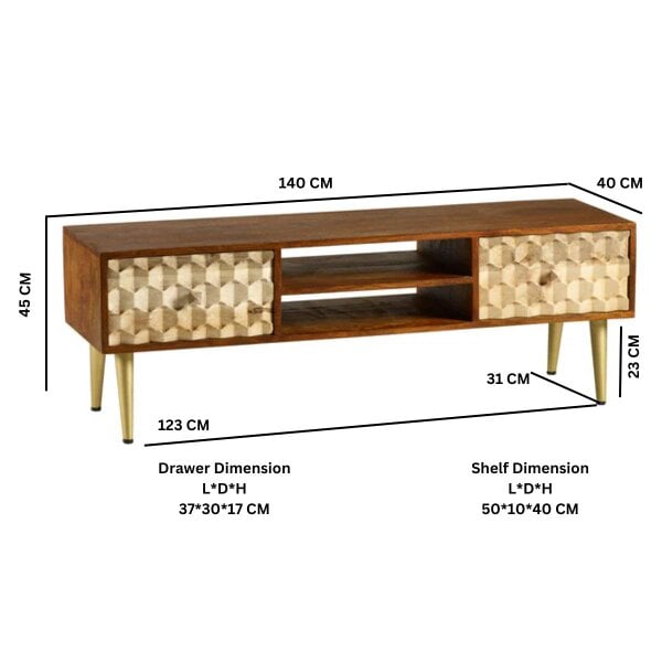Wyld Haus Shenzhen Mango Wood TV Stand 2 Shelves 2 Drawers Gold Geometric Pattern