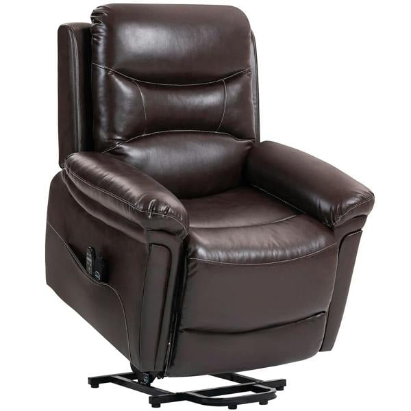 Brown power lift recliner chair with padded armrests and control panel