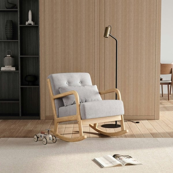 Grey Linen Rocking Chair Upholstered Seat Lounge Chair with Pillow Rocking Chairs Living and Home